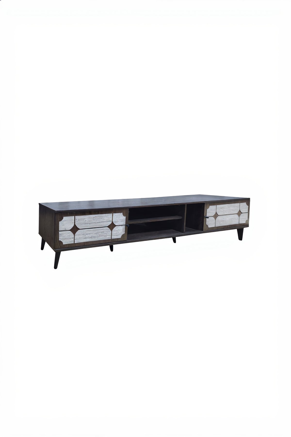Modern Brown TV Unit 200cm Wide with White Patterned Doors and Open Shelves for Stylish Living Rooms