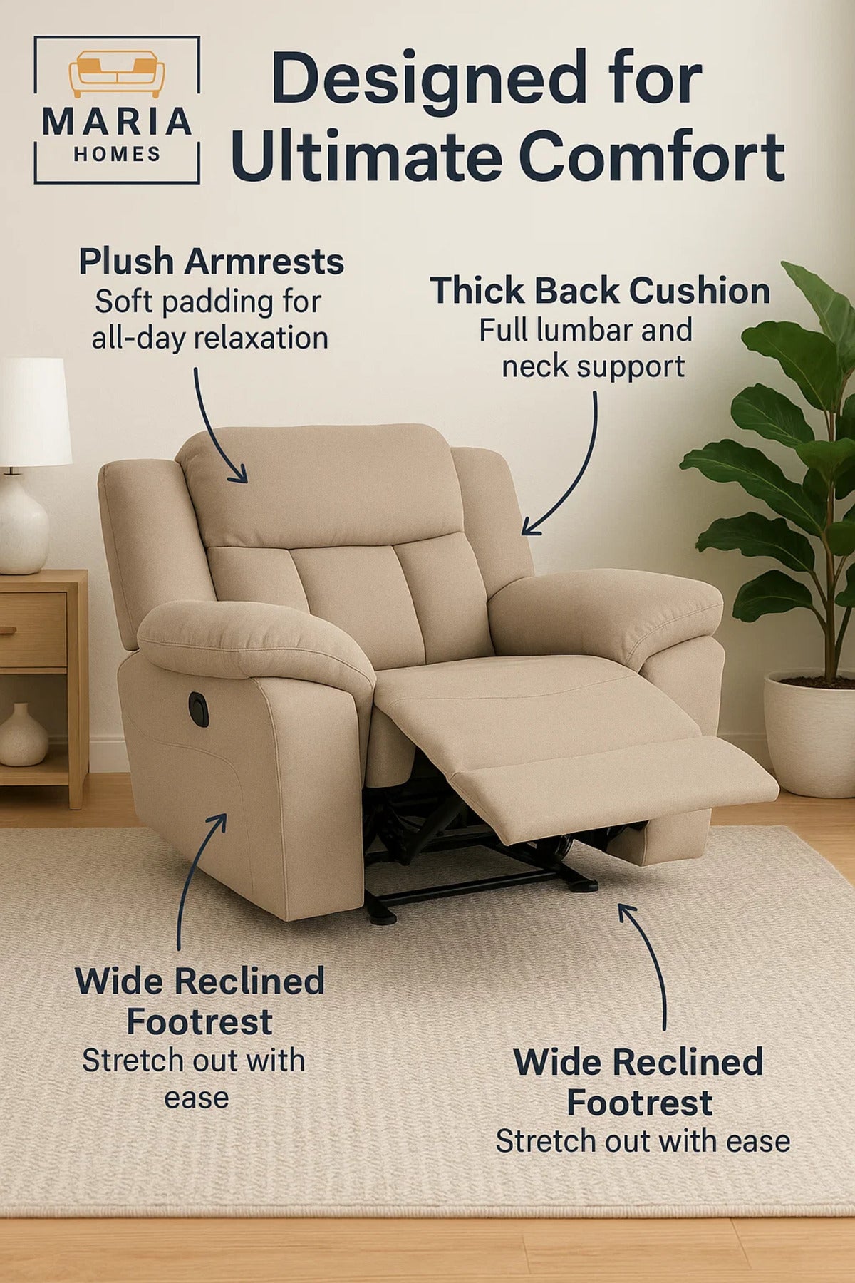 Plush Recliner Armchair with Footrest Ð Beige