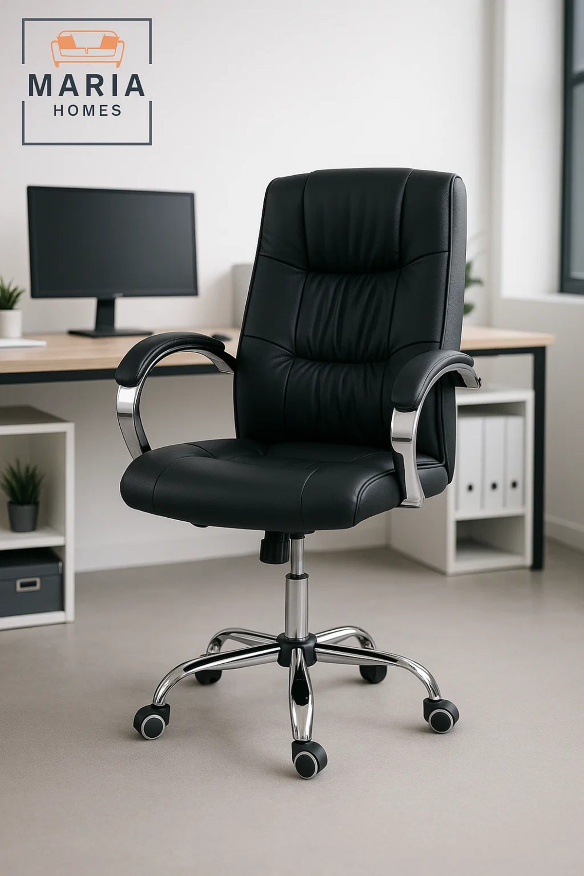 Black Executive Office Chair with Padded Armrests and Adjustable Height for Home and Work Use