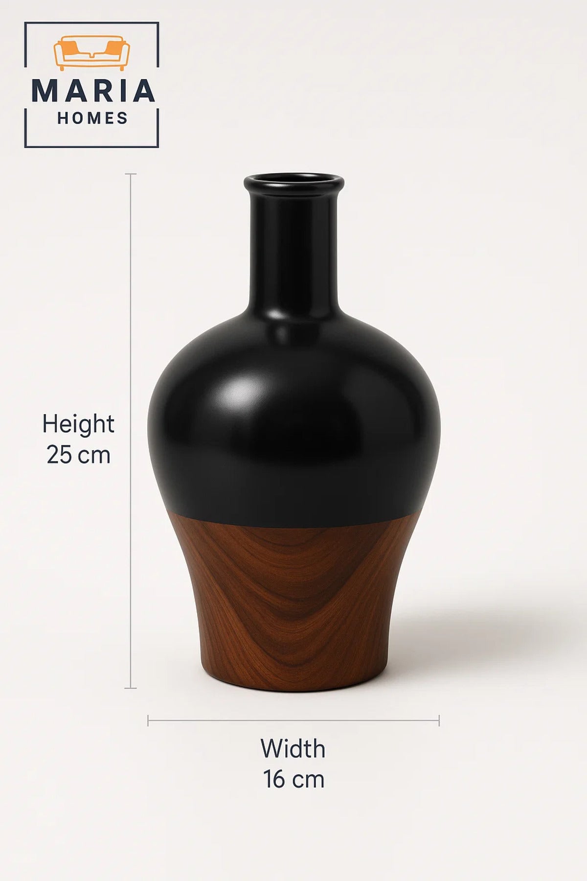 Glossy Black and Wood Finish Ceramic Vase Ð Modern Decorative Flower Pot with Bottle Shape Design