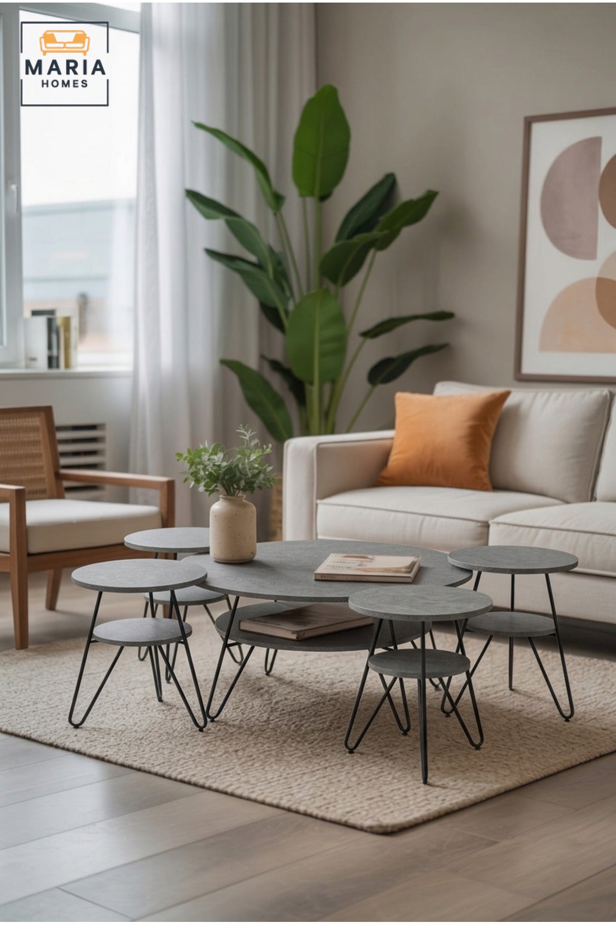 Modern Five-Piece Round Coffee Table Set with Four Nesting Side Tables, Lower Storage Shelves and Hairpin Legs for Living Room, Lounge and Office