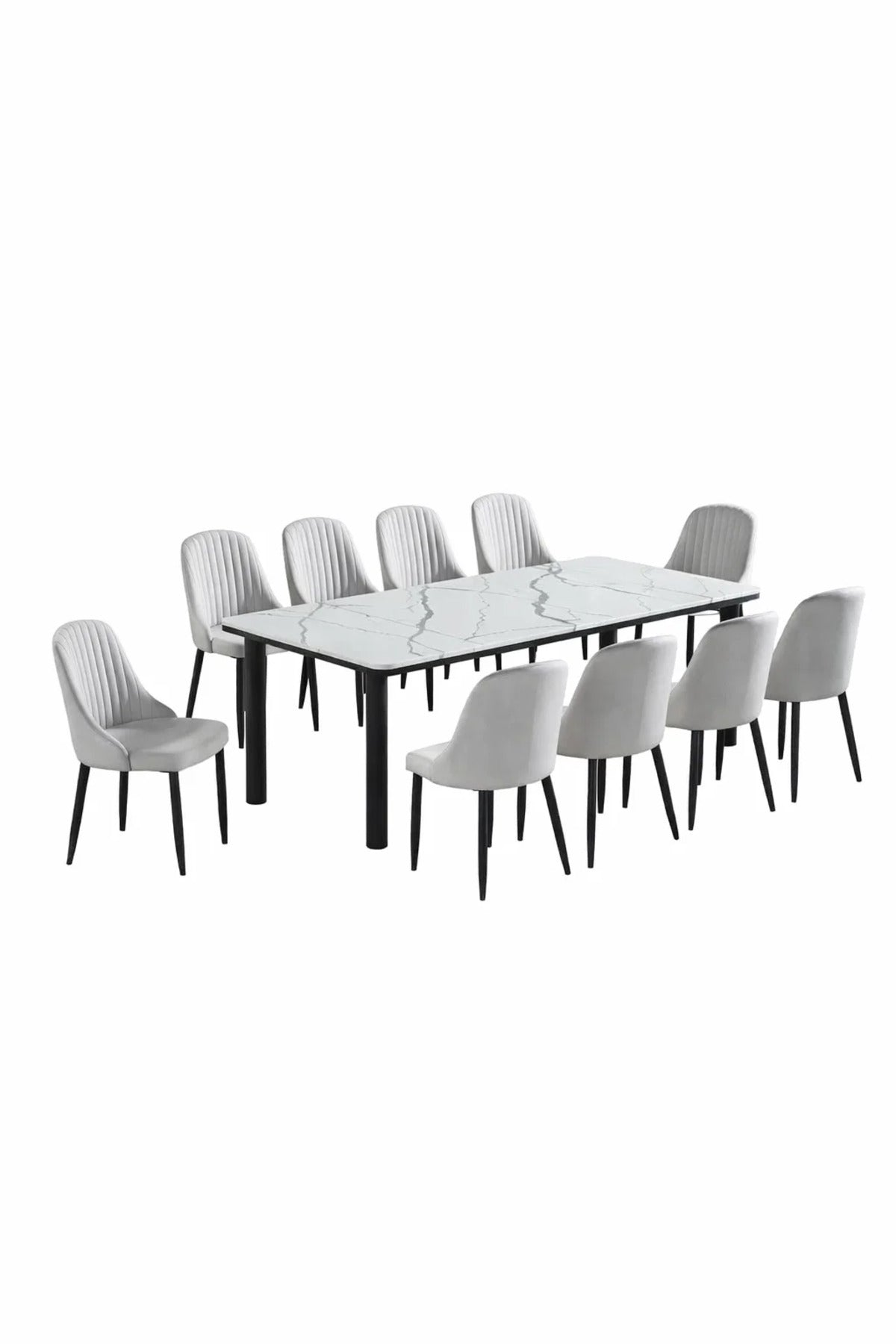 Luxury 11-Piece Dining Set featuring Marble Finish Table and Ten Grey Velvet Upholstered Chairs