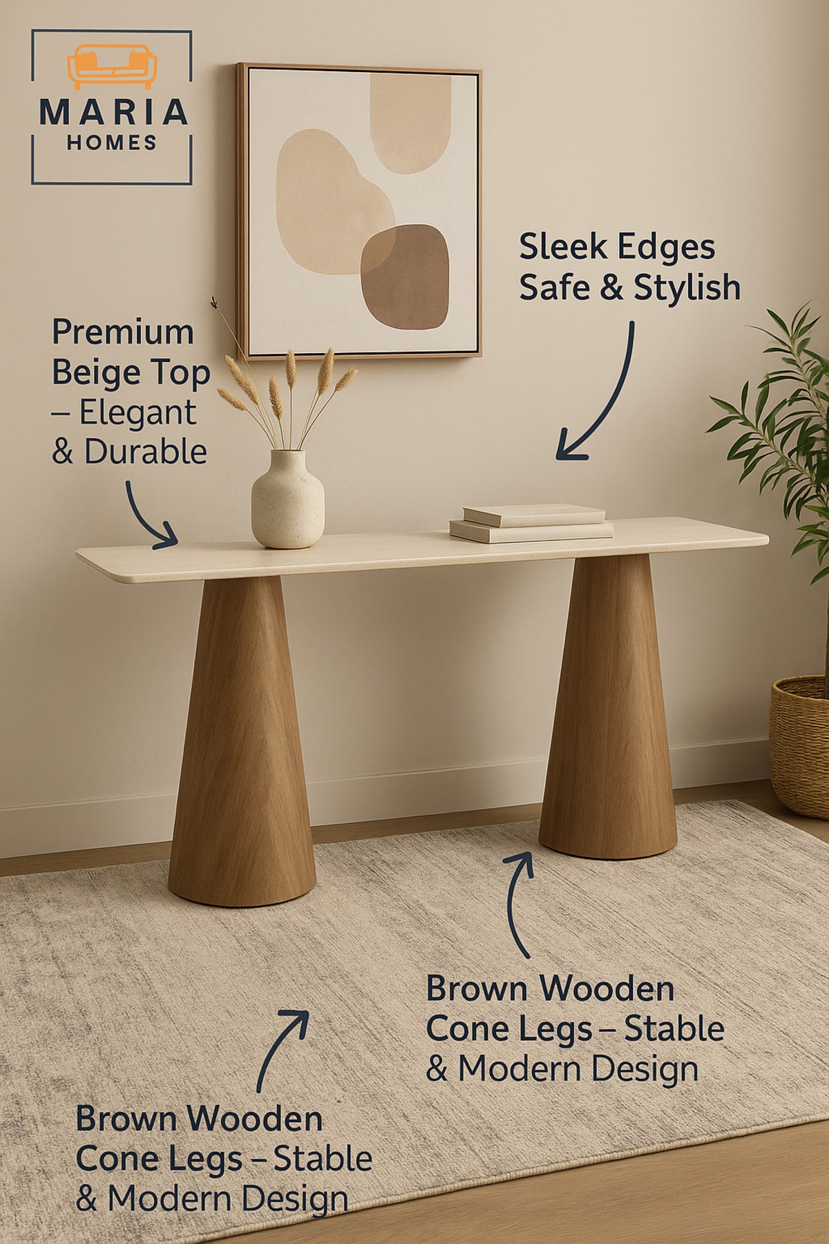 Beige Top Console Table with Brown Wooden Base Ð Modern Entryway & Living Room Table 140_40_80 cm