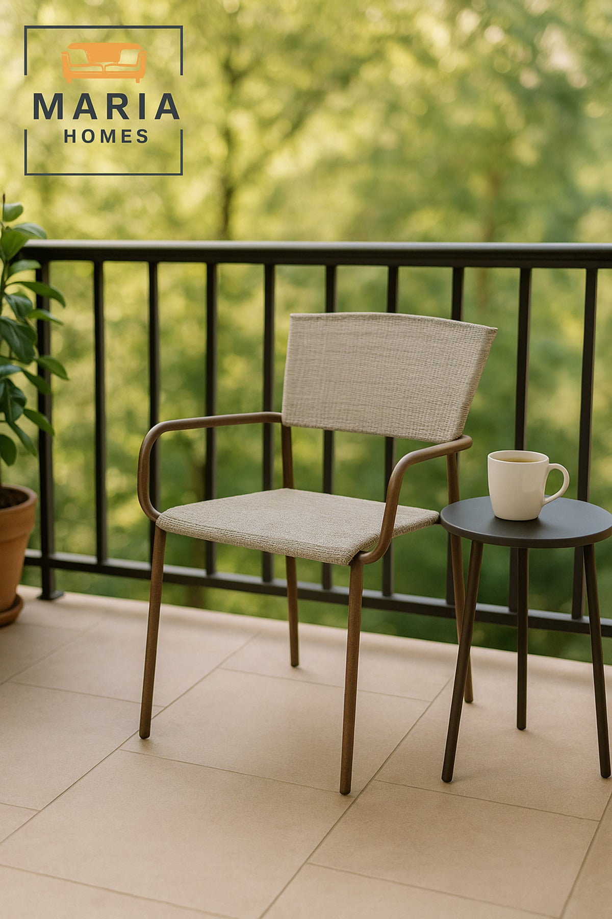 White Brown Metal Outdoor Chair with Armrests Ð Stylish Patio & Garden Dining Seat