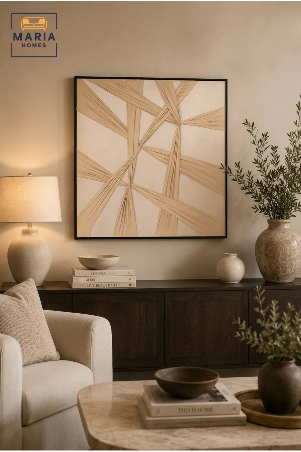 Modern Beige Geometric Framed Wall Art Ð Minimalist Abstract Textured Painting for Living Room, Bedroom & Office DŽcor