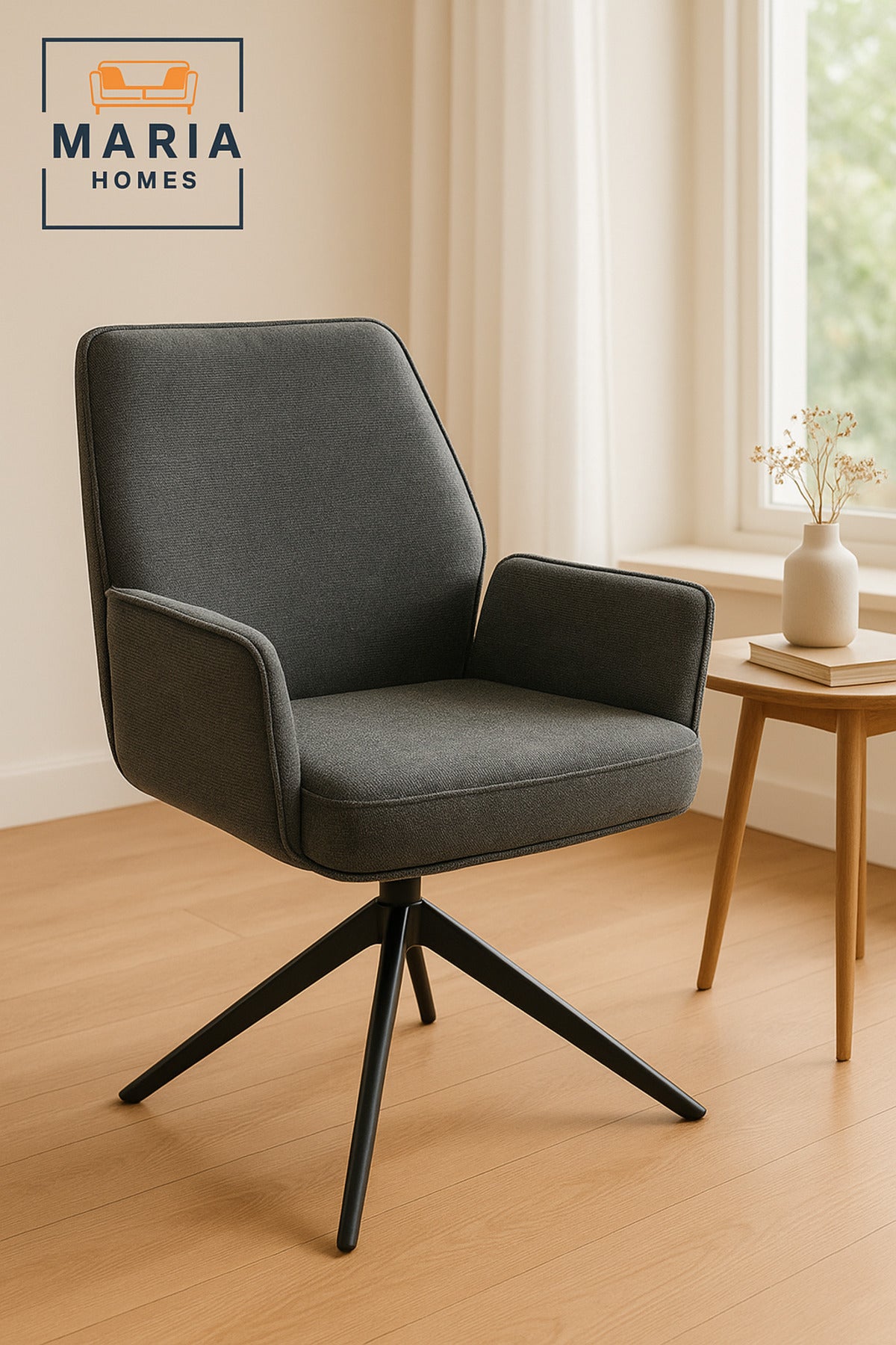 Ergonomic Grey Swivel Dining Chair with Armrests Modern Fabric Accent Chair for Home