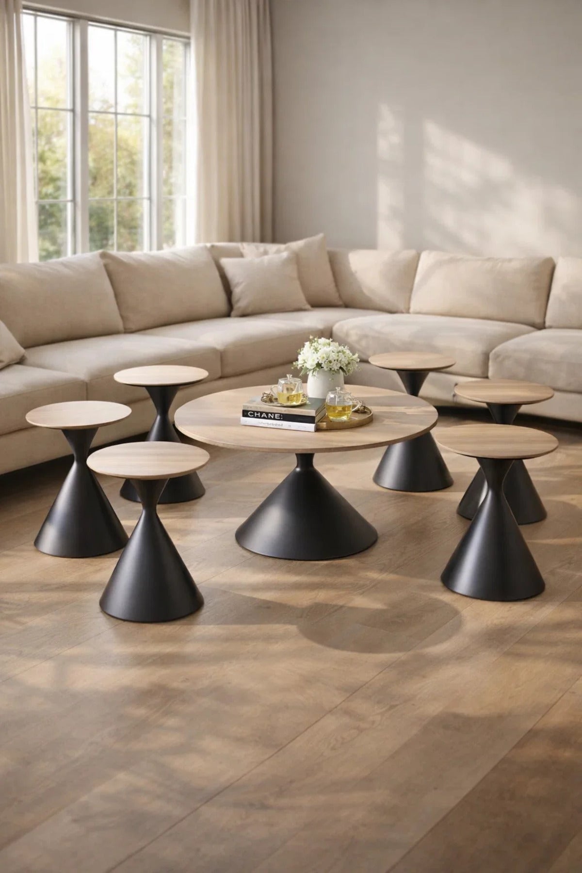 Modern 7-Piece Center Table Set 1 Large 6 Small Round Coffee Tables Light Brown Top Dark Base