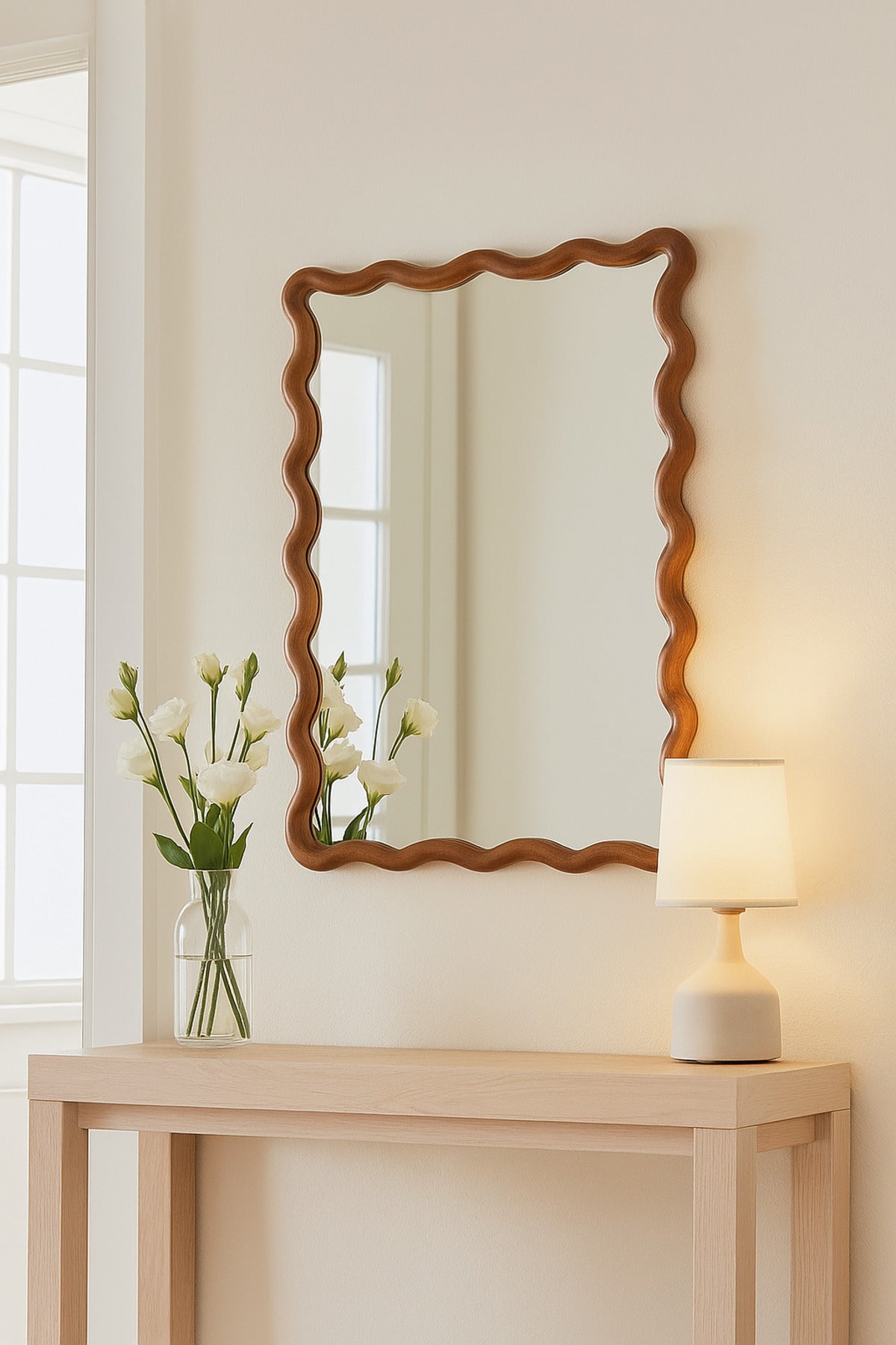 Wavy Edge Decorative Wall Mirror with Wooden Frame Ð Natural 60_90 cm