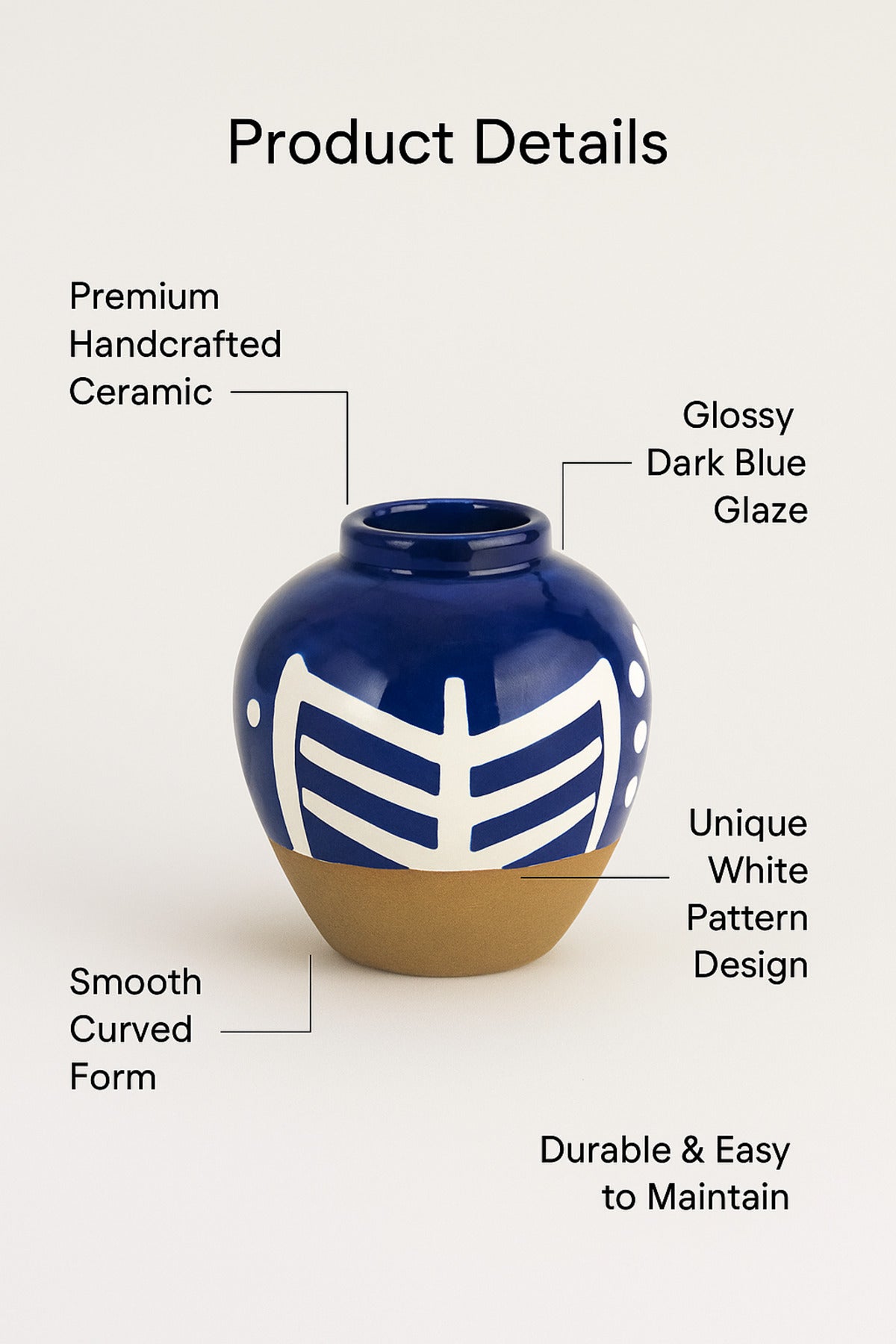 Dark Blue and White Ceramic Vase Ð Round Geometric Decorative Pot