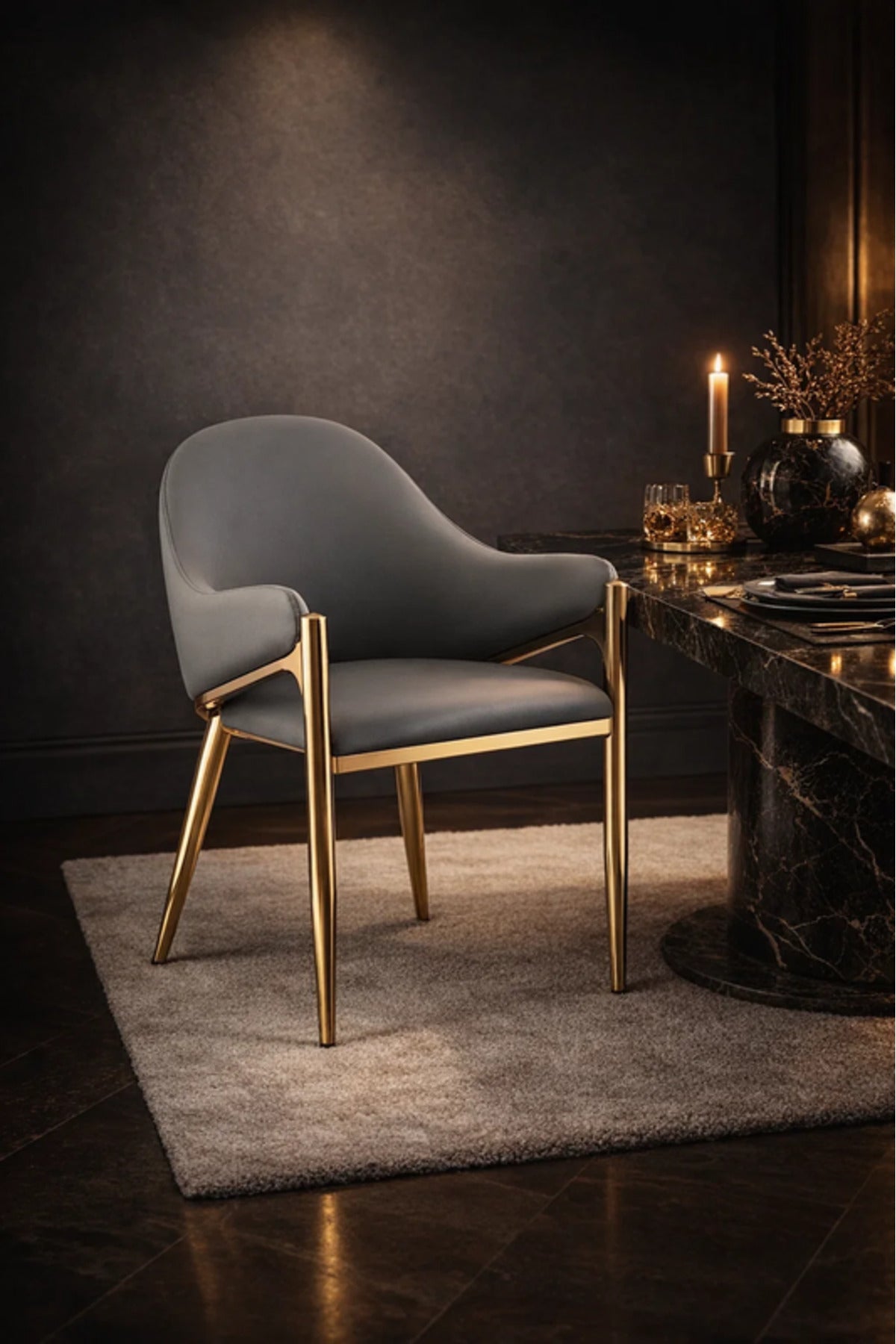 Luxury Grey Velvet Dining Chair with Gold Metal Legs & Armrests