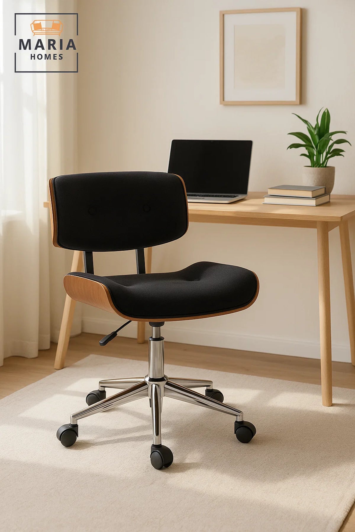 Black Adjustable Office Swivel Chair with Wheels, Mid-Century Modern Desk Chair