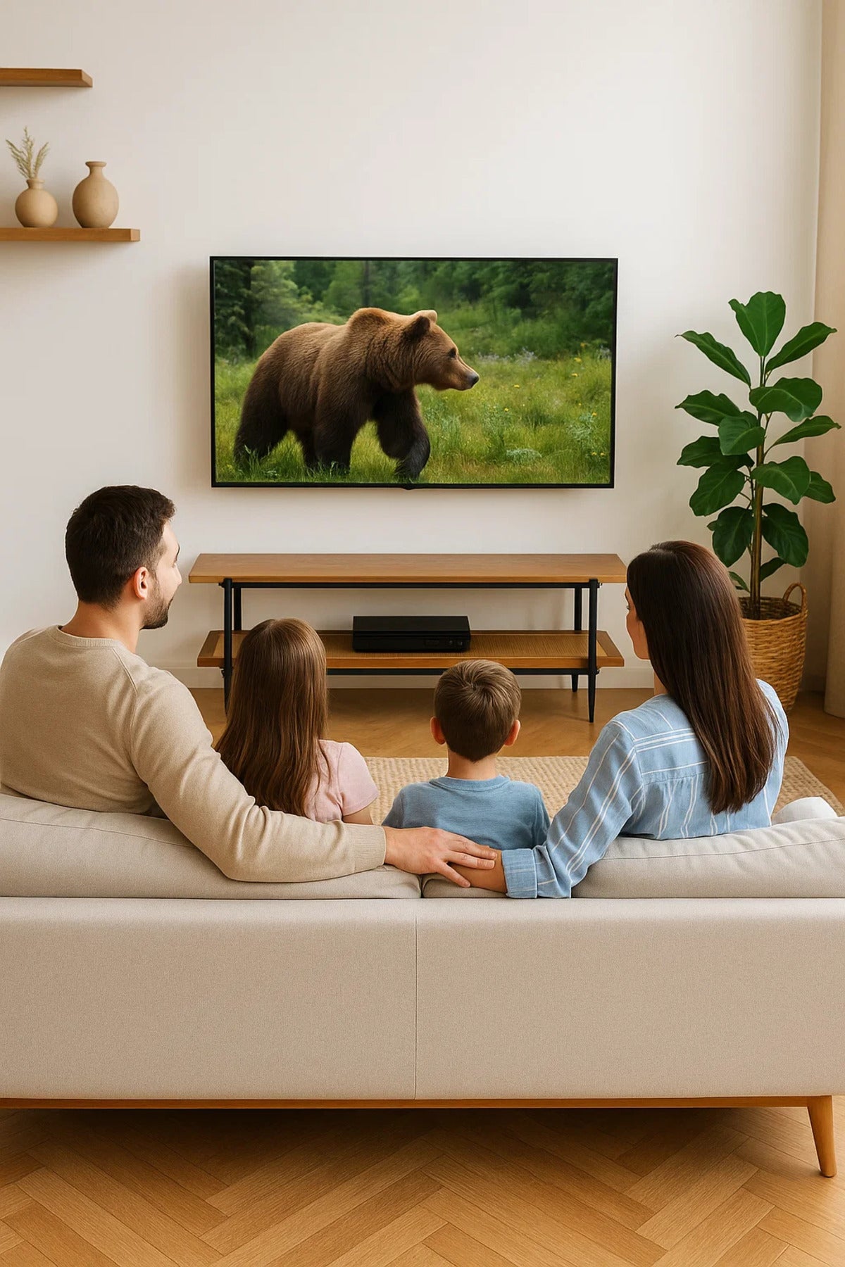 Modern Brown TV Stand with Rattan Shelf Ð 160x40x50 cm Two-Tier Wooden Media Console