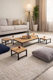 Modern 5-Piece Low Center Table Set Wood Top Black Metal Frame for Living Room Floor Seating