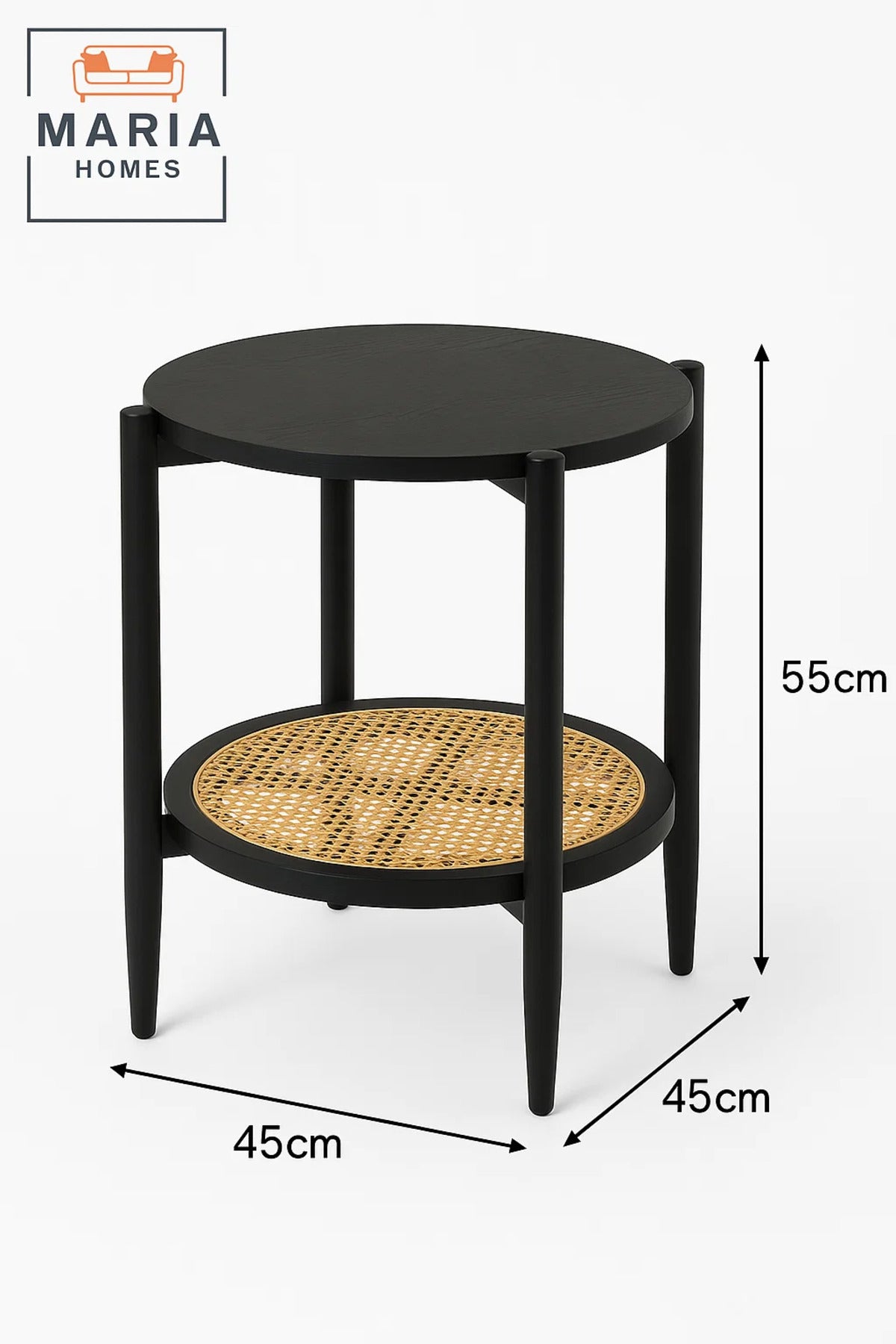 Black Round Side Table with Rattan Shelf Ð Stylish Boho Modern Accent