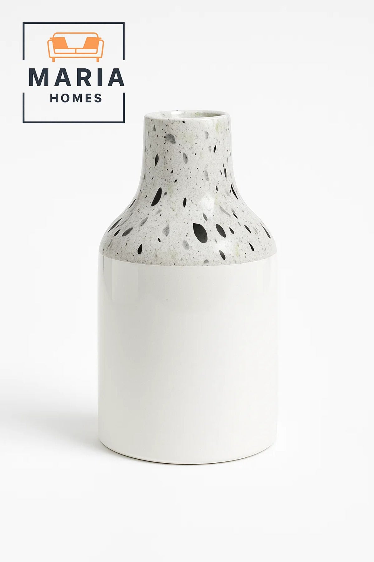 White Ceramic Vase with Terrazzo Speckled Neck – Modern Glossy Decorative Flower Pot
