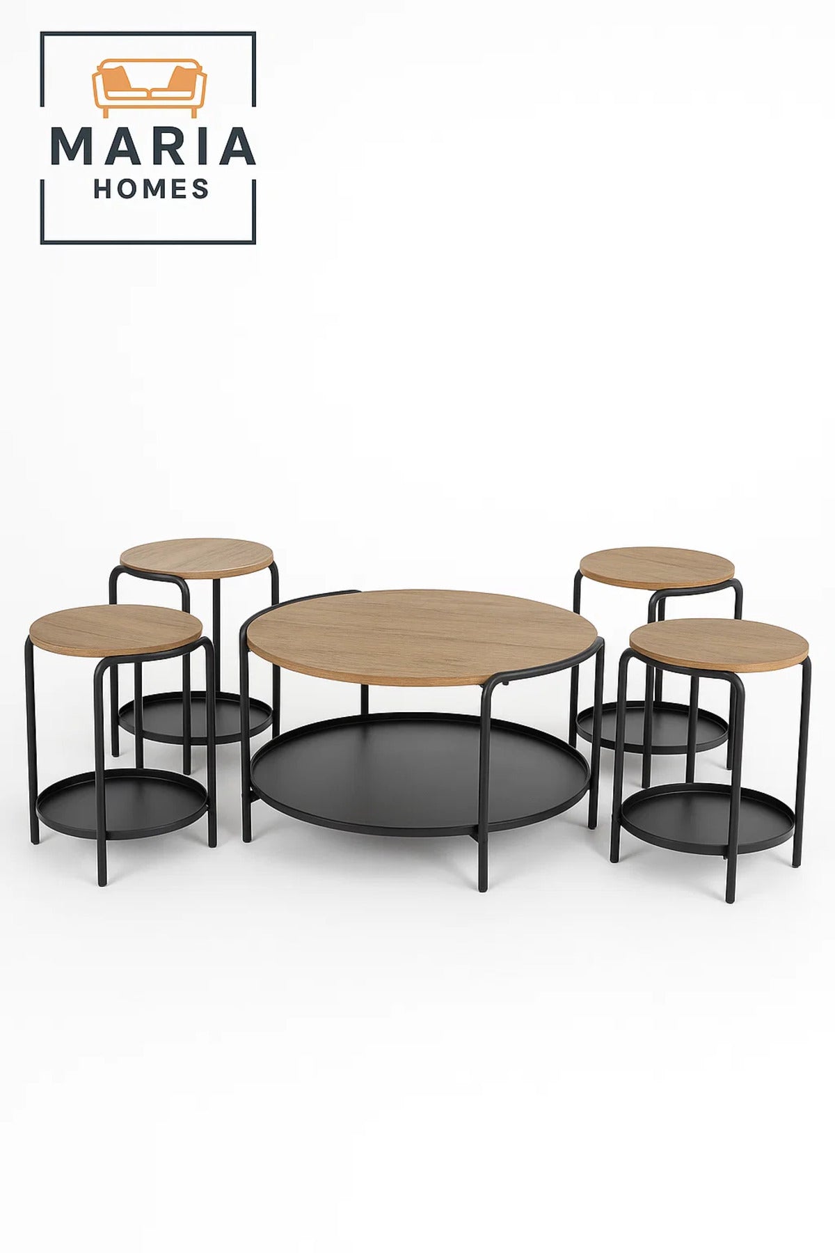 Round Nesting Table Set with Wood Tops & Black Metal Base