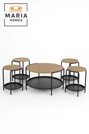 Round Nesting Table Set with Wood Tops & Black Metal Base