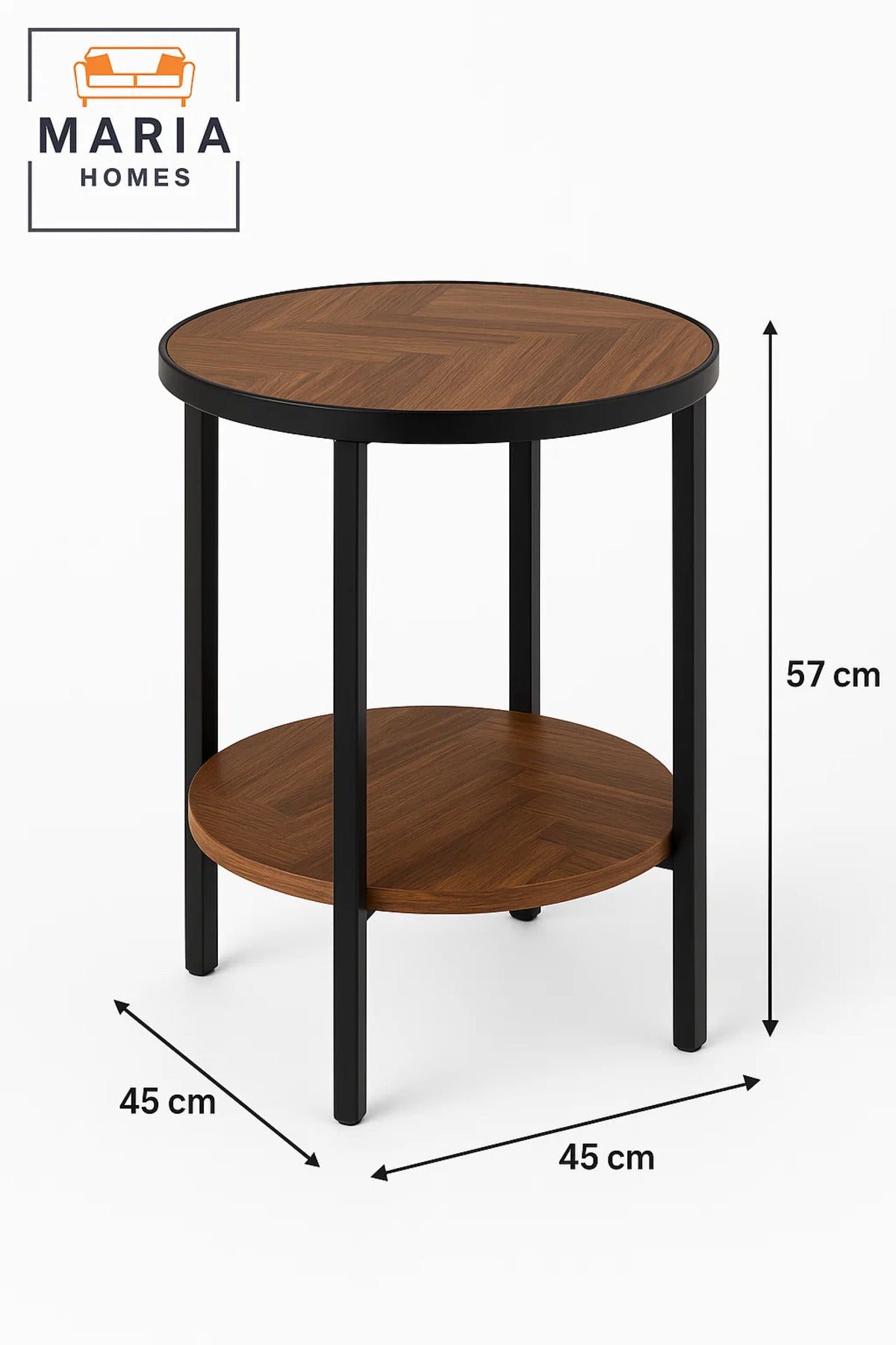 Round Wooden Side Table with Shelf Ð Herringbone Pattern & Black Frame