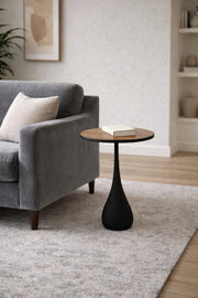 Stylish Round End Side Table Brown Wood Top Black Metal Pedestal Base Modern Living Room Decor 60cm