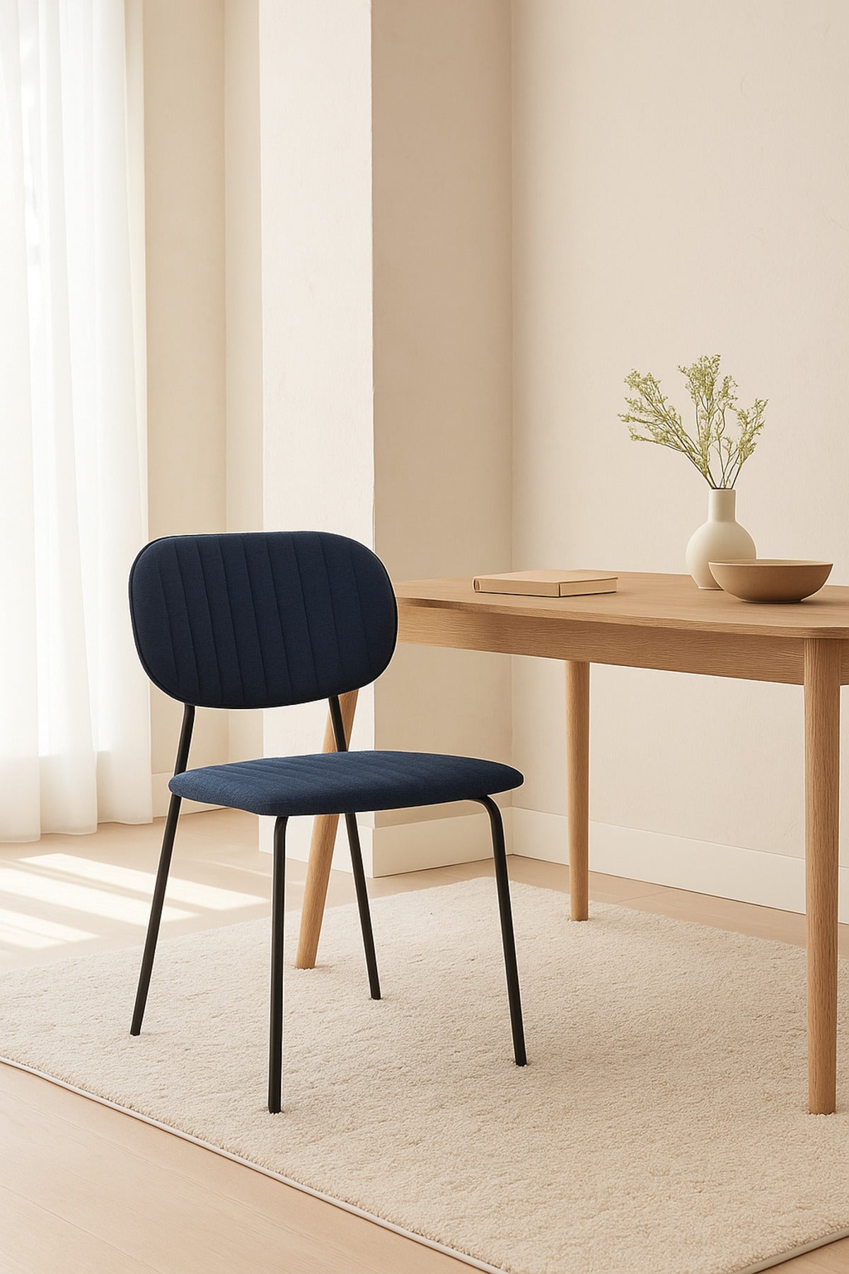 Dark Blue Fabric Dining Chair Ð Modern Minimalist Chair with Black Metal Legs for Dining Room