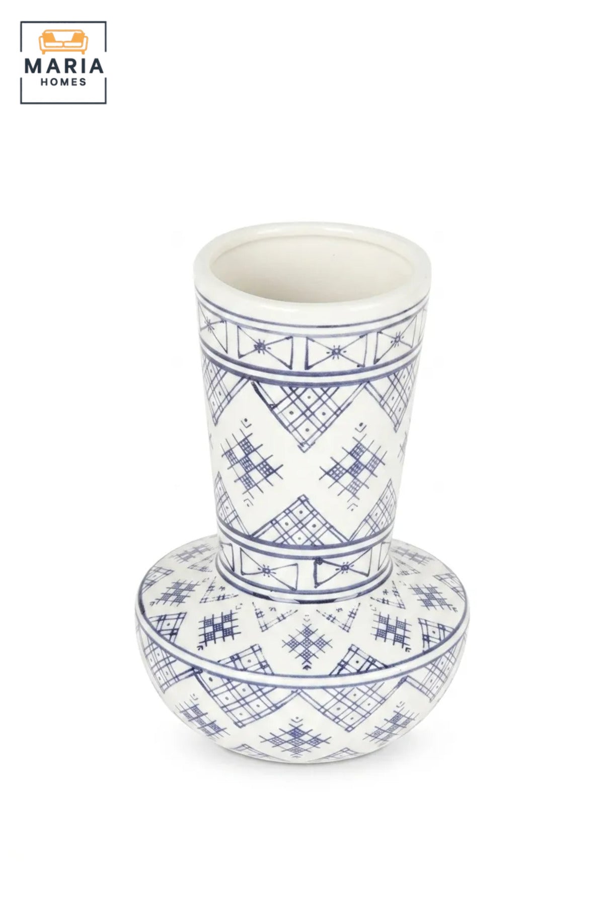 Blue and White Patterned Decorative Vase, Modern Ceramic Flower Holder with Rounded Base for Living Room, Bedroom, Office, Shelf and Table Décor