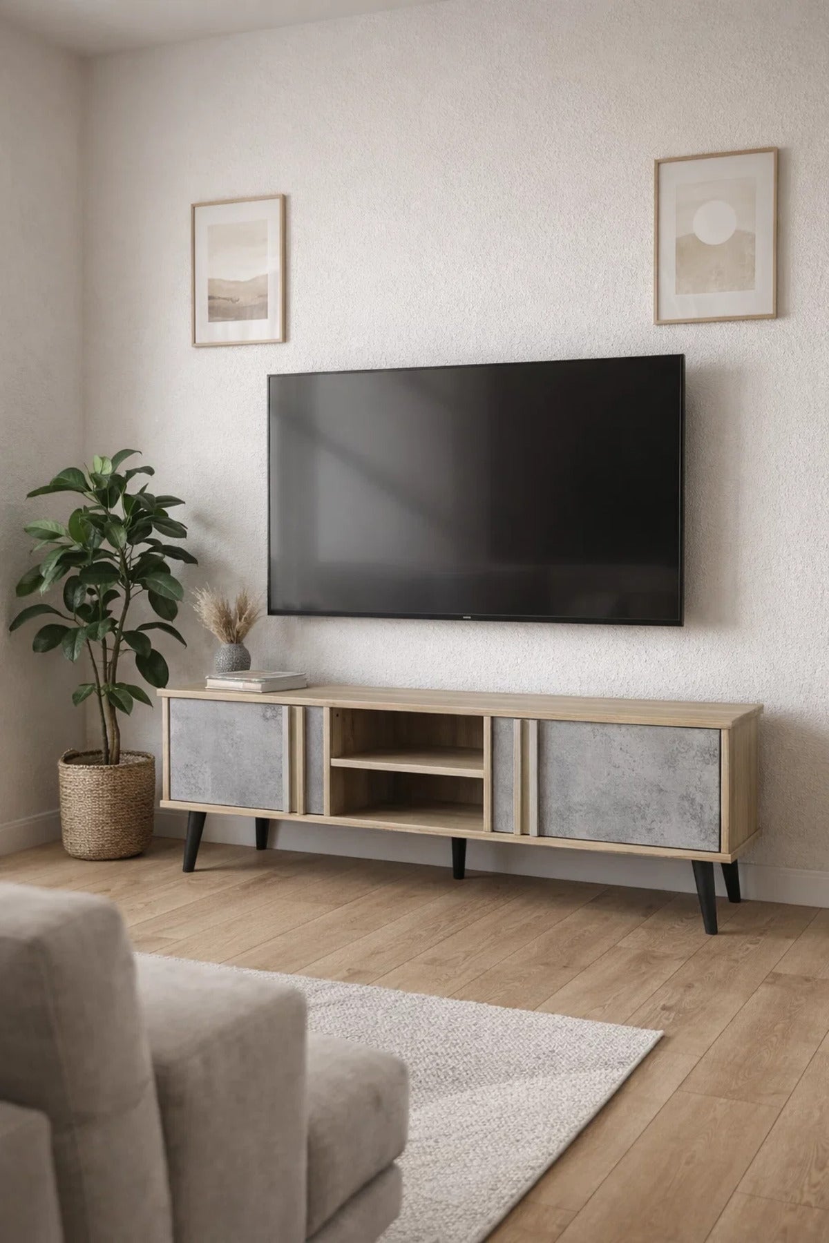 Modern TV Unit Wood and Grey 140cm Entertainment Center with Cabinets and Open Shelves