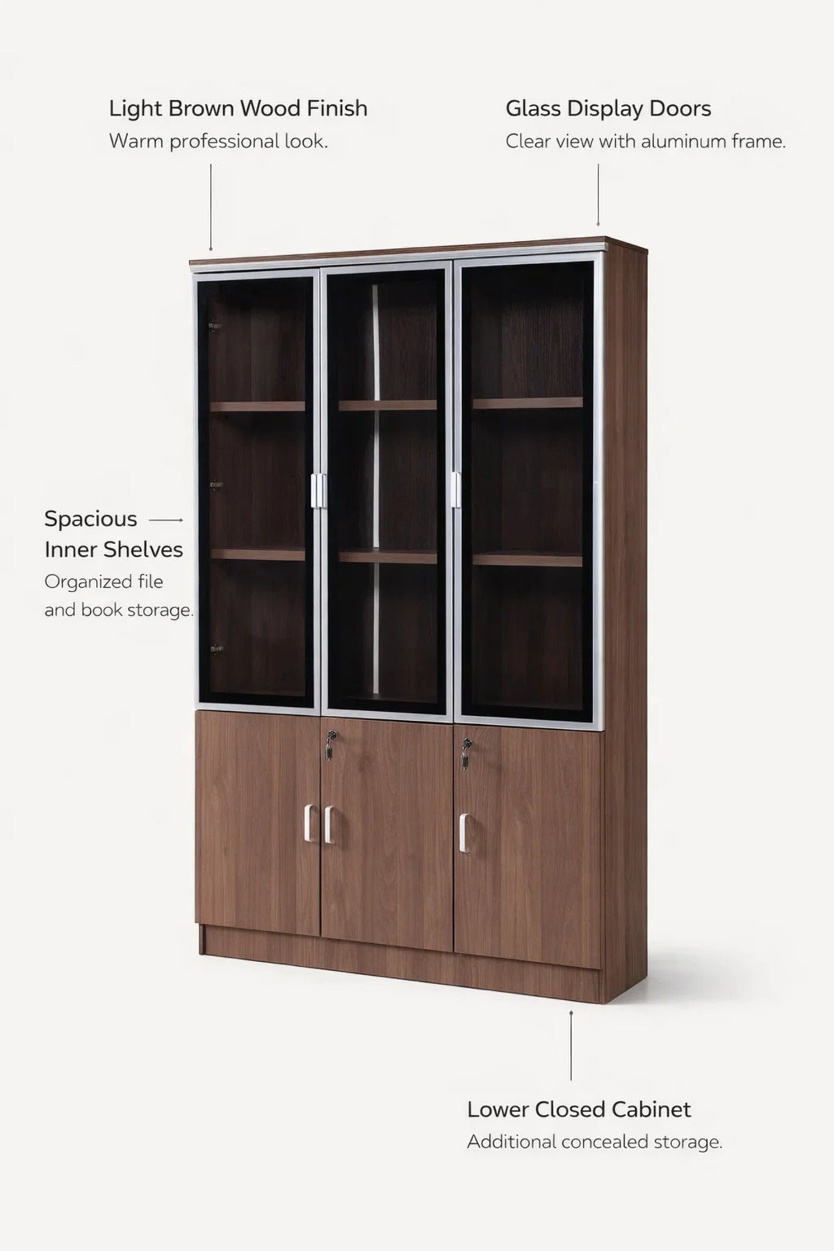 Modern Large Office Storage Cabinet 3 Glass Doors 3 Wood Doors Lockable File Organizer Light Brown