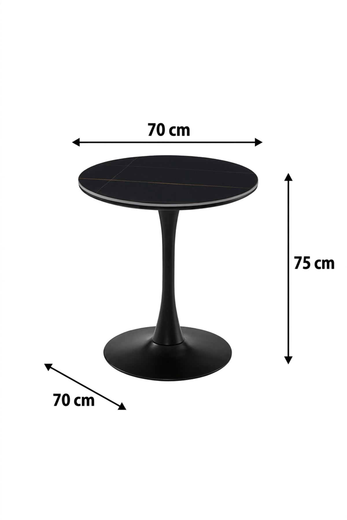 Modern Round Dining Table 70cm Black Marble-Effect Top with Black Pedestal Base √ê Contemporary Bistro & Caf≈Ω Table
