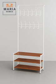 White Coat Rack with 12 Hooks & 3-Tier Shoe Shelf √ê 190x79x30 cm