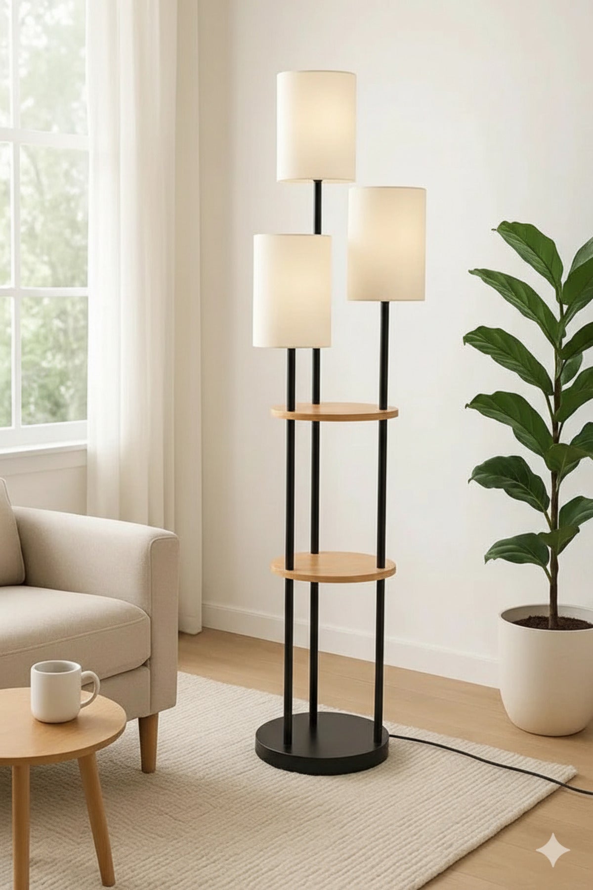 Multi-Light Floor Lamp with Shelves and Cream Shades
