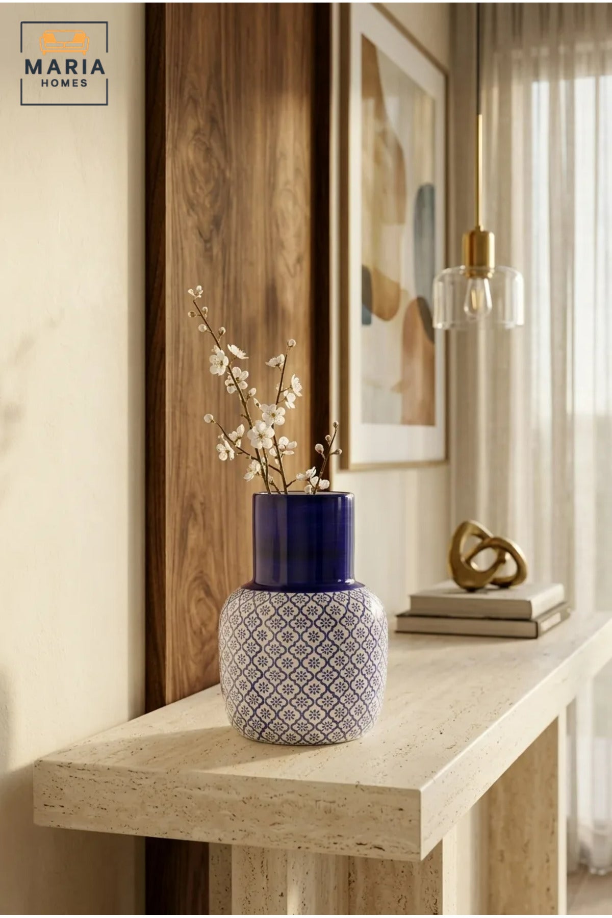 Blue and White Patterned Decorative Vase, Modern Ceramic Flower Holder with Tall Glossy Neck for Living Room, Bedroom, Office, Shelf and Table Décor
