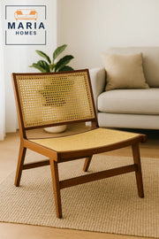 Classic Wooden Lounge Chair with Handwoven Rattan Seat and Backrest Ð Vintage Boho Accent Seating