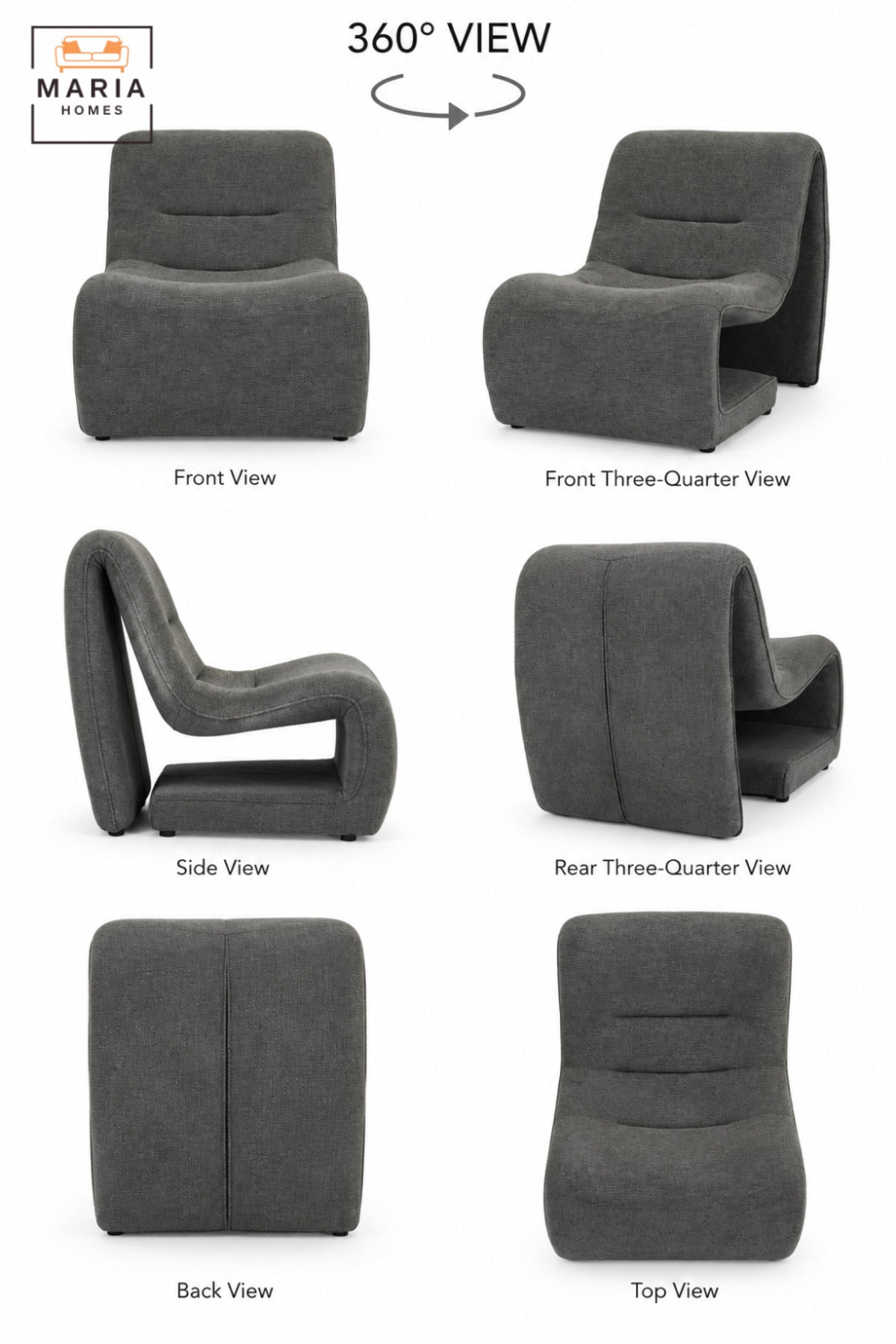 Modern Dark Grey Upholstered Accent Chair with Sculptural Curved Design, Padded Seat for Living Room, Bedroom, Lounge & Reading Corner