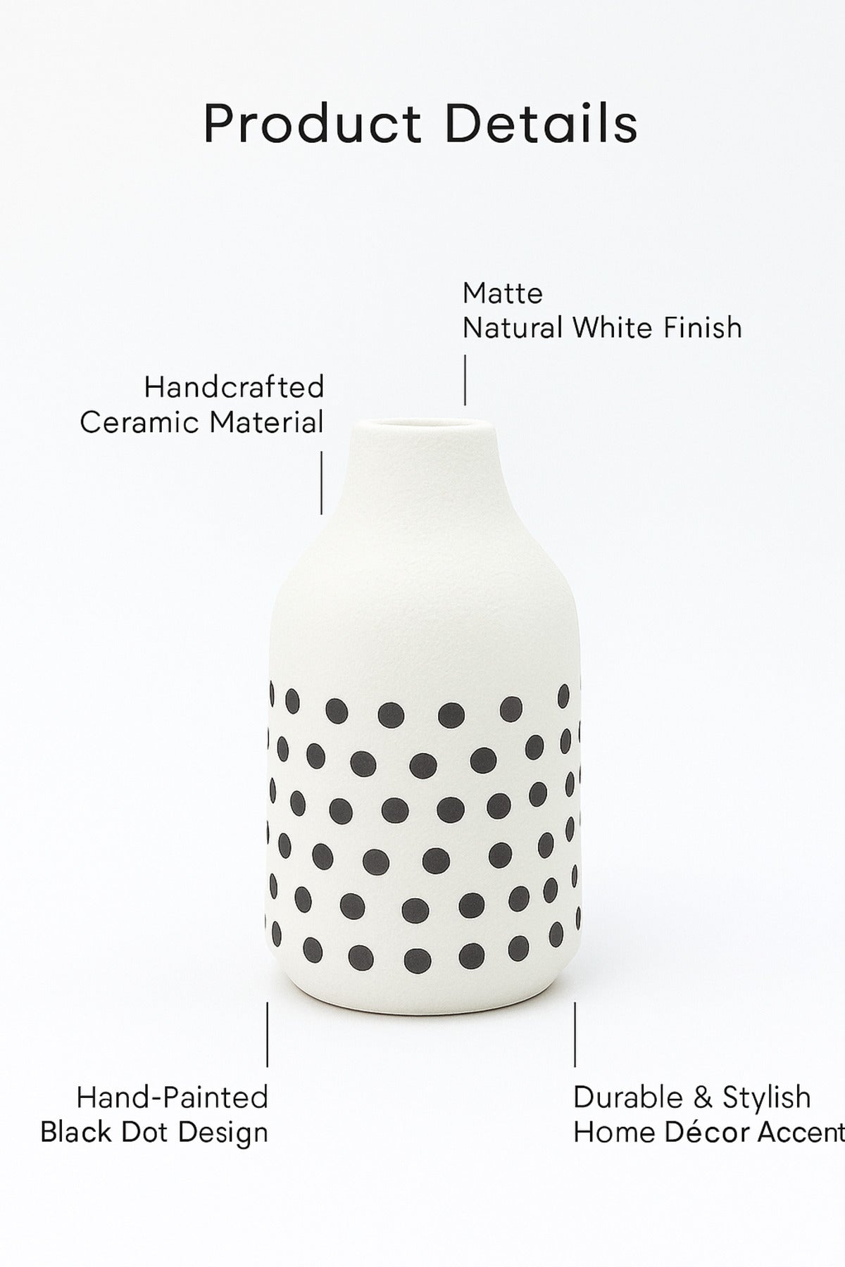 Natural White Ceramic Vase with Black Dots Ð Tall Cylinder Decorative Vase