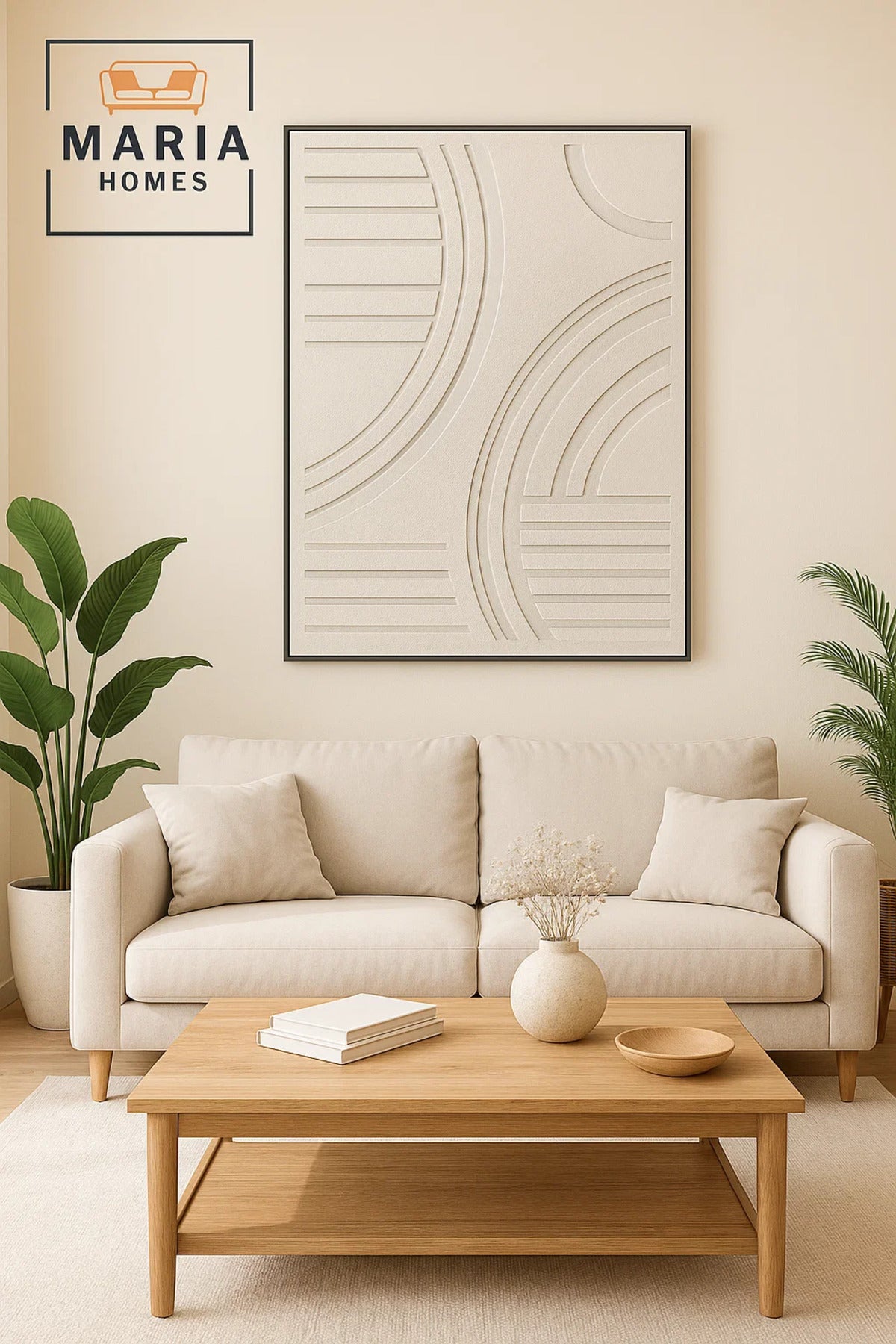 Modern 3D Wall Art Ð Beige Geometric Decorative Panel with Textured Arched Lines 150_100 cm