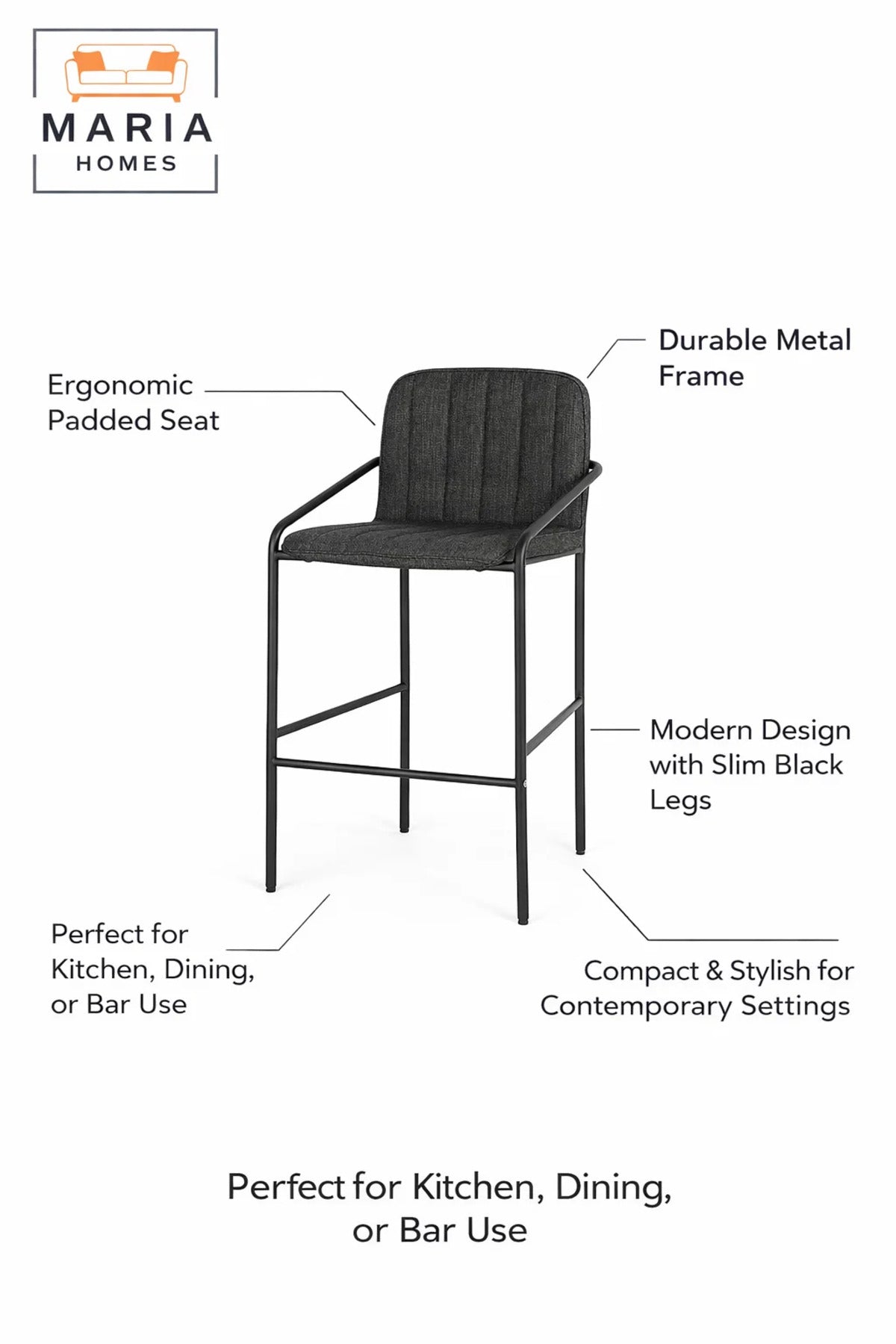 Deep Grey Upholstered Bar Stool with Black Metal Frame Ð Modern Counter Chair with Armrests