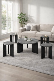 Luxury 5-Piece Nesting Coffee Table Set Grey Concrete Look Top Black Base Modern Living Room Decor