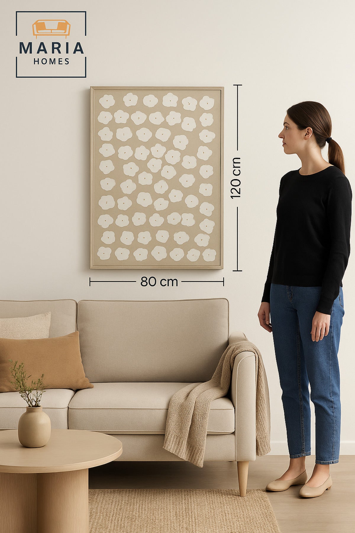 Large White & Beige Floral Pattern Wall Art Ð Framed Canvas 120_80 cm