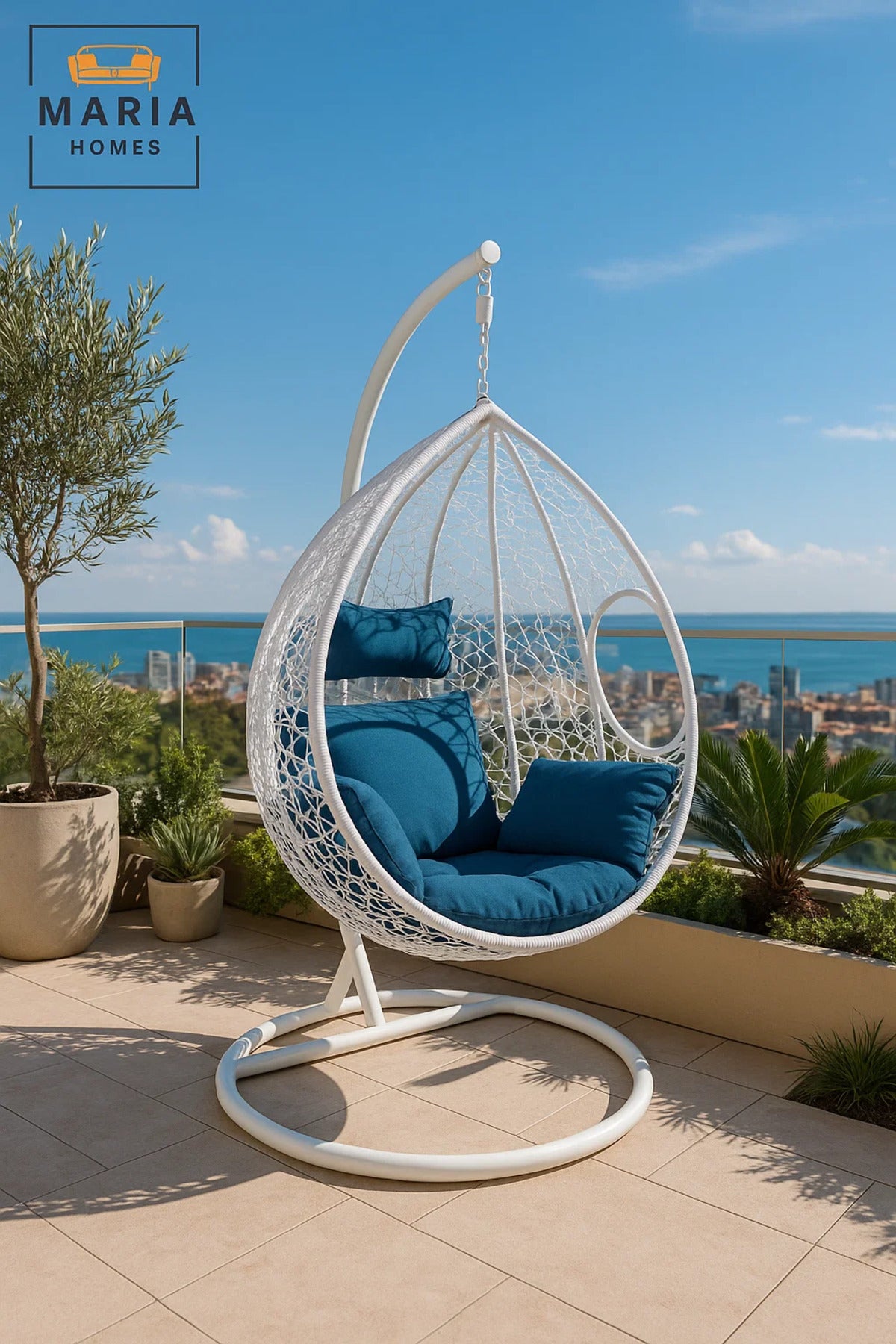 White Hanging Swing Chair with Blue Cushion and Steel Stand for Balcony Garden Patio