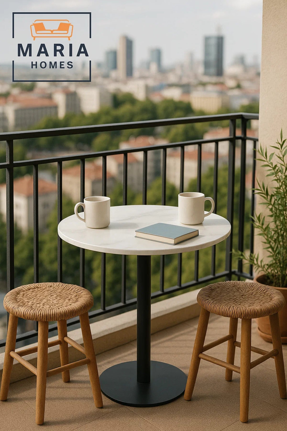 Round White Marble Table with Black Metal Pedestal Base