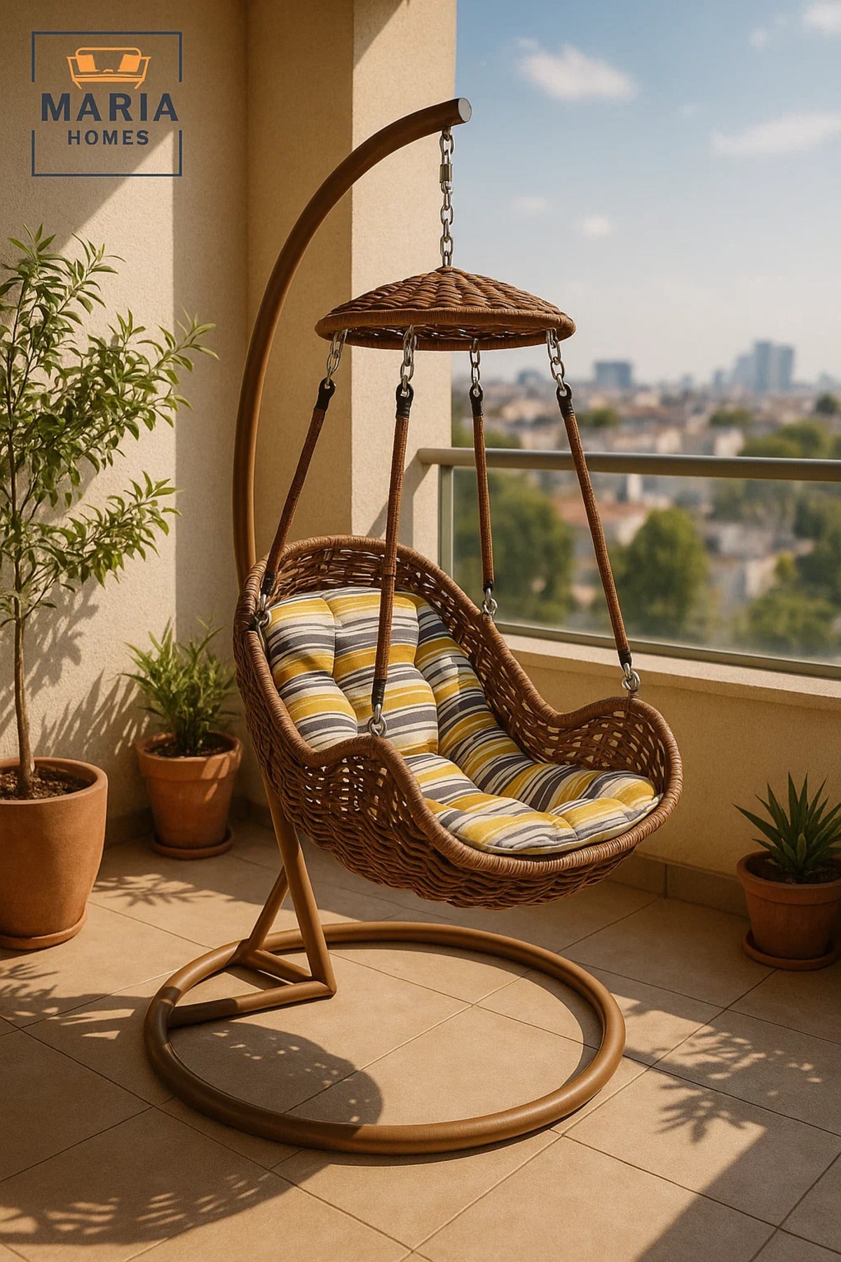 Modern Grey Rattan Hanging Swing Chair with Stand and Canopy for Outdoor Garden Patio Balcony