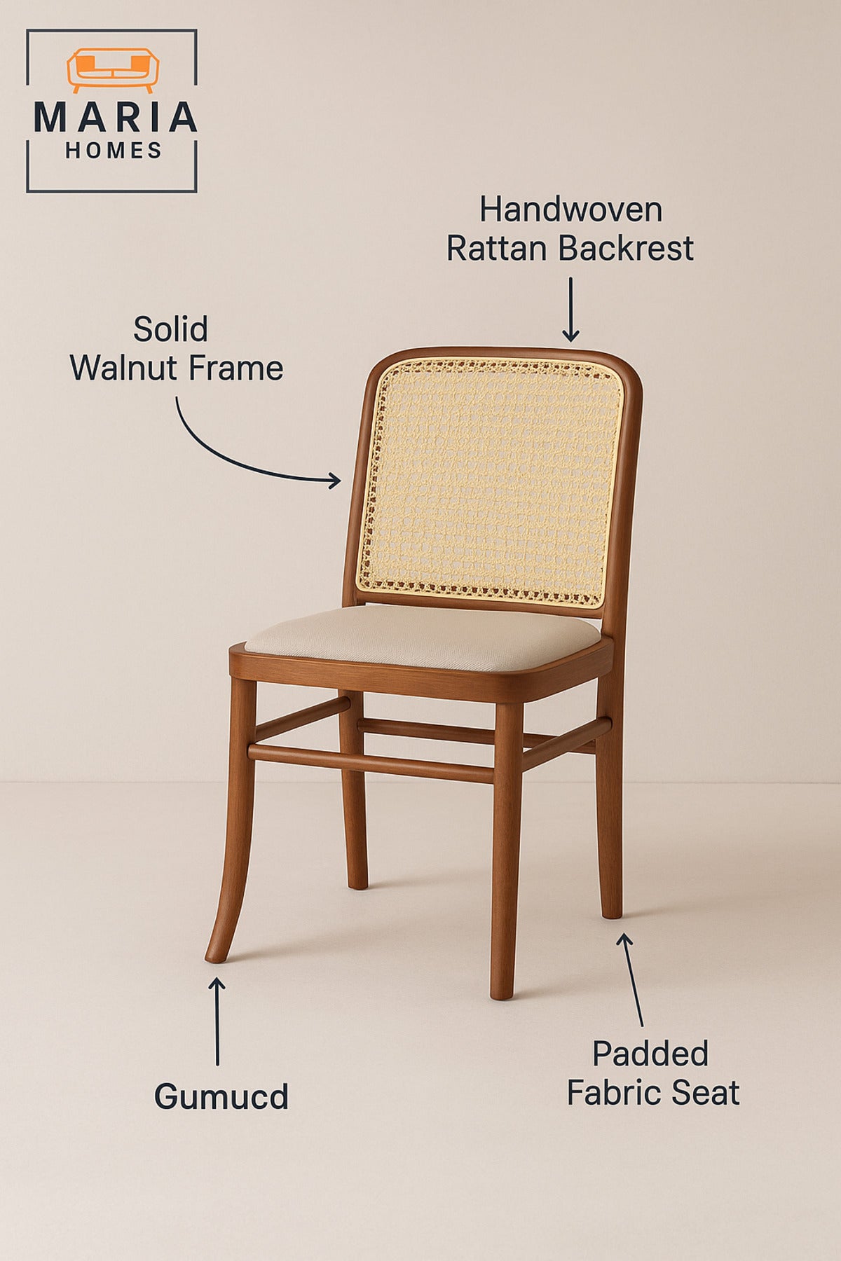 Elegant Walnut Dining Chair with Cane Backrest and Cushioned Seat