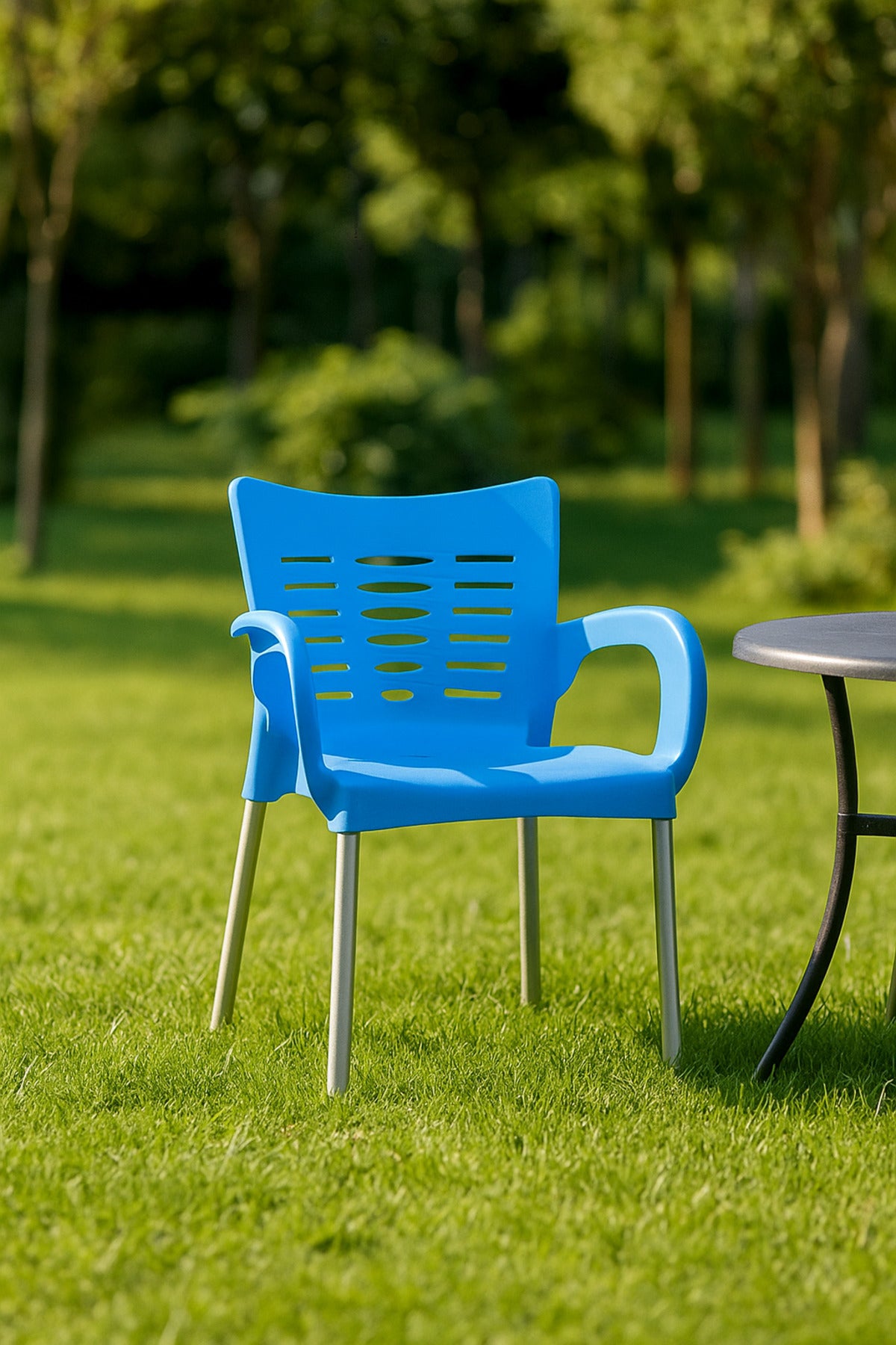 Modern Blue Plastic Outdoor Armchair for Garden Patio & Balcony Durable Stylish & Comfortable Design