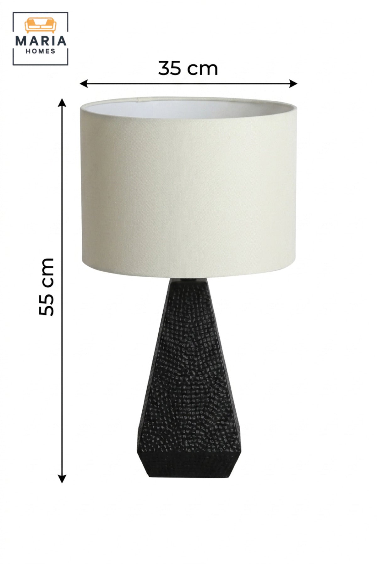 Modern Black Textured Table Lamp with White Drum Fabric Shade and Geometric Tapered Base for Bedroom, Living Room, Office, Hotel and Bedside Décor