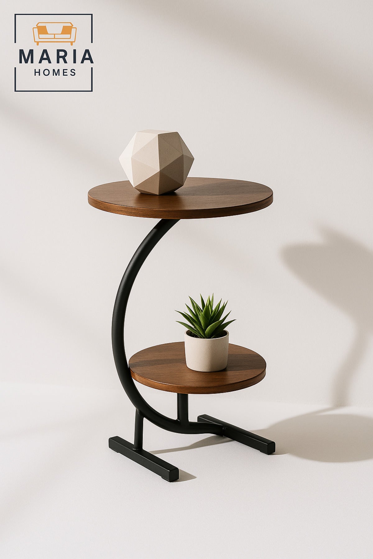 Modern Brown Round Side Table with Metal Frame Ð Two-Tier Accent Table (40_60 cm)