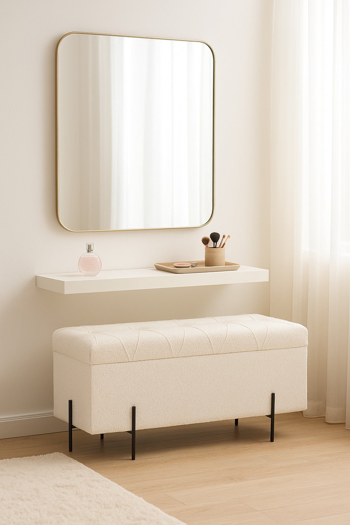 White Storage Bench with Tufted Seat & Black Metal Legs Ð Modern Ottoman 110_43_49 cm