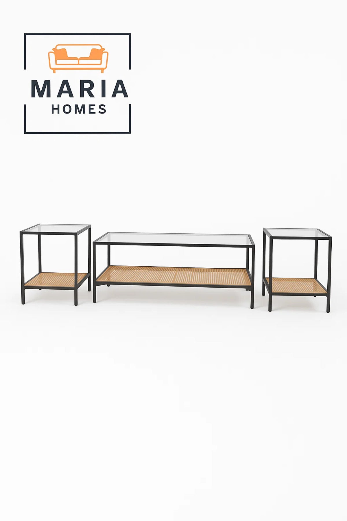 Glass Top Table Set with Woven Storage Shelf Ð Black Frame
