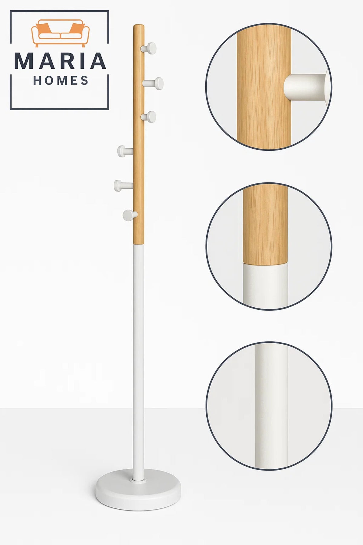 Slim Wooden Coat Rack with White Metal Base and Side Pegs
