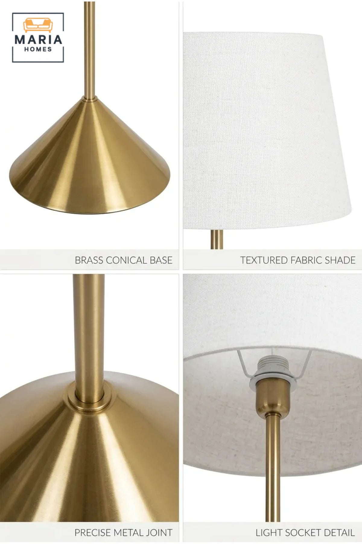 Modern Brass Floor Lamp with Fabric Shade and Sculptural Base, Elegant Freestanding Standing Light for Living Room, Bedroom, Reading Corner and Office