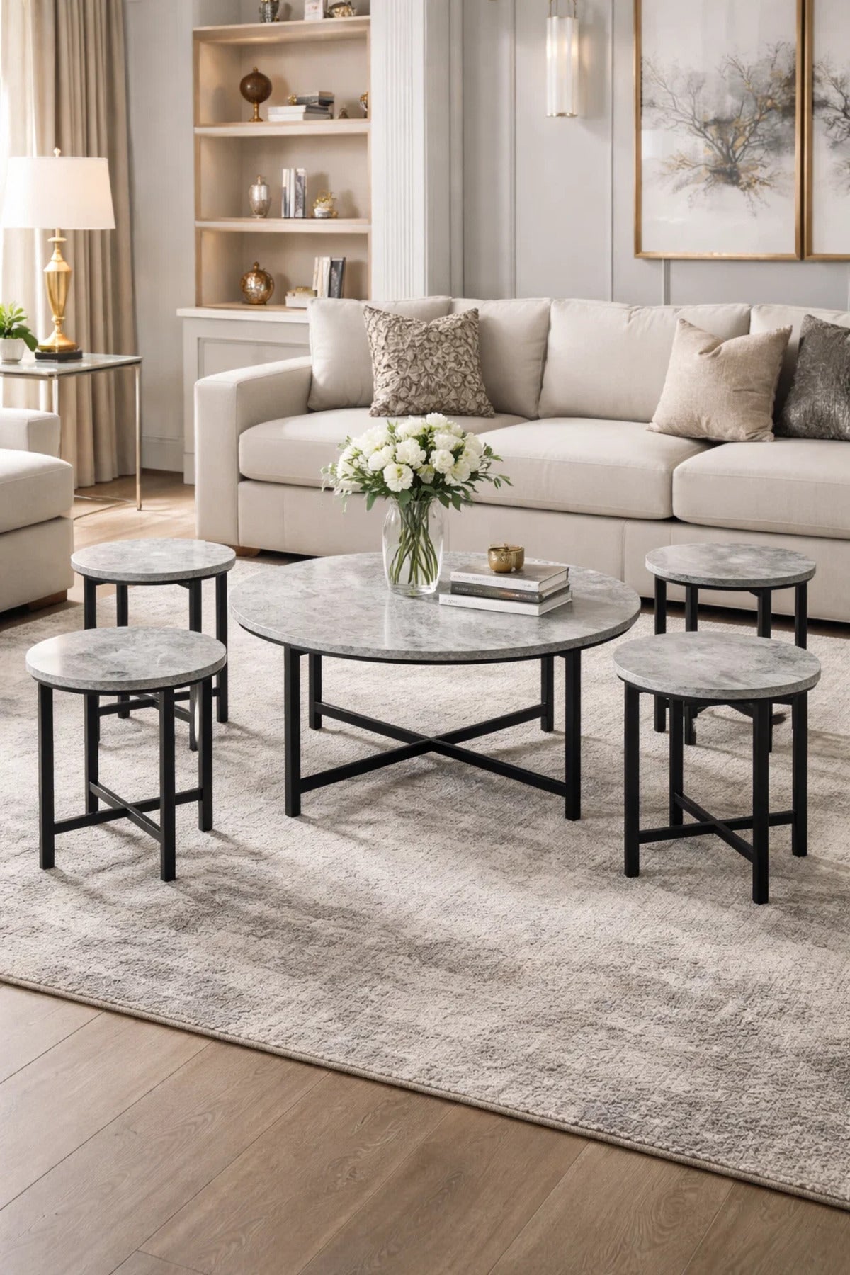 Grey Round Coffee Table Set of 5 Metal Legs Modern Nesting Center Tables for Living Room Interior